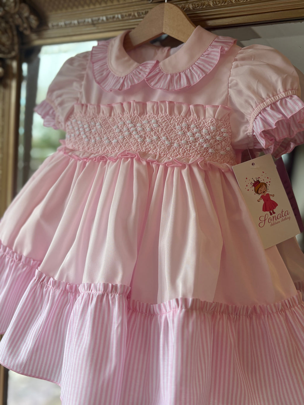 Pink bow candy stripe smocked dress