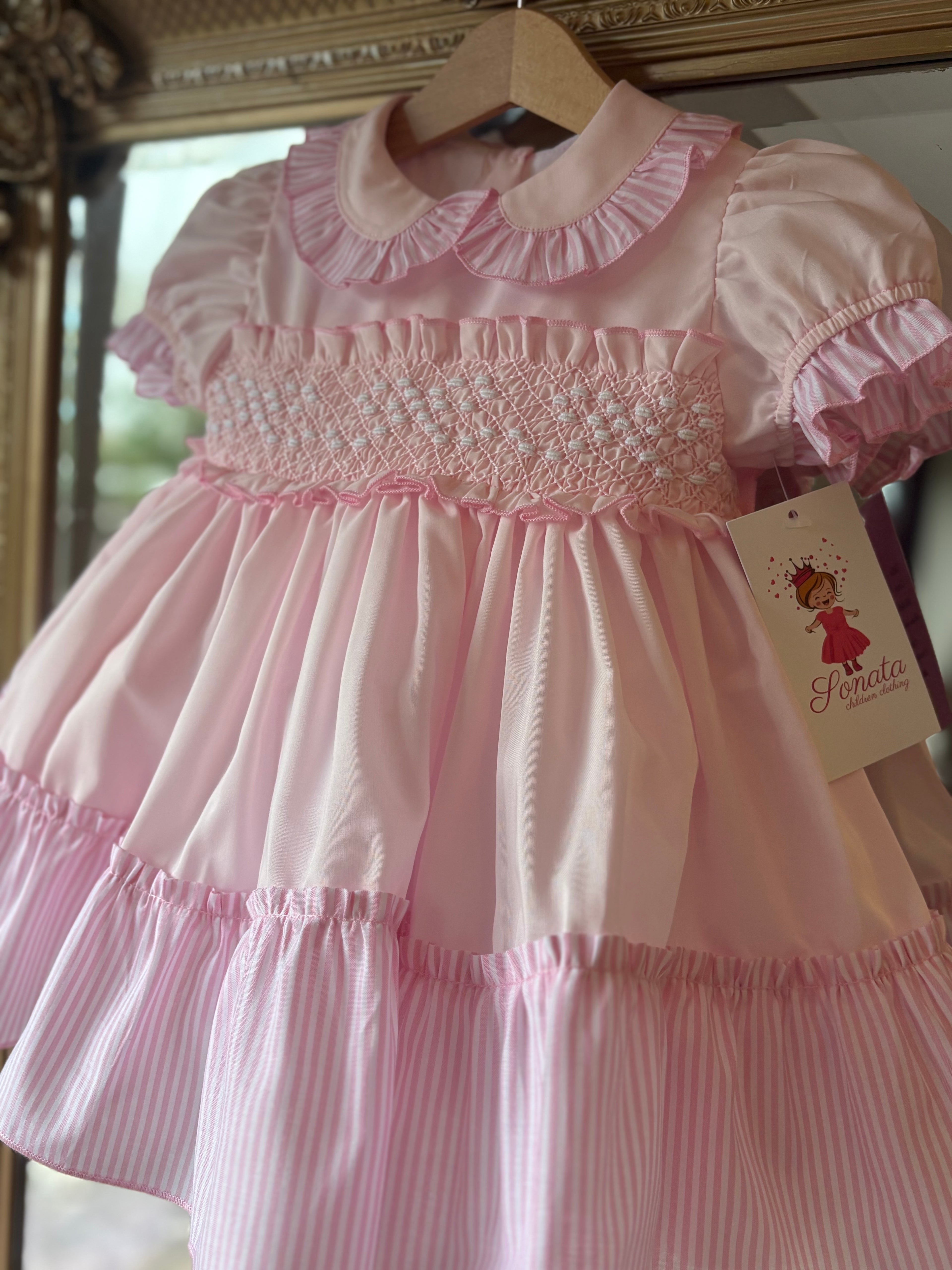 Pink bow candy stripe smocked dress