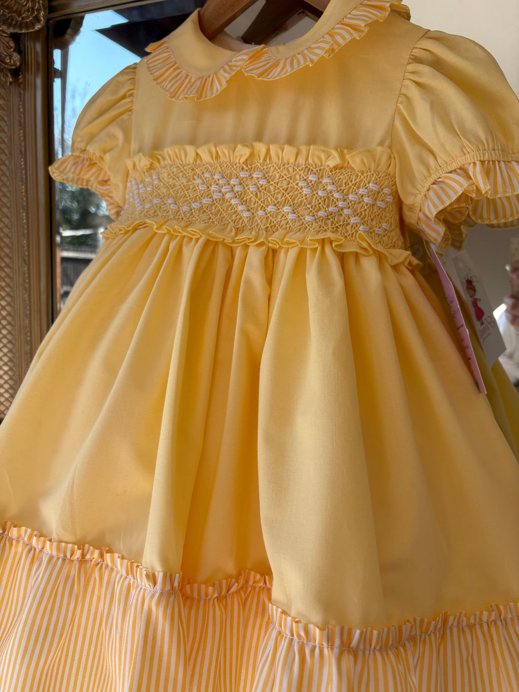 Yellow bow candy stripe smocked dress
