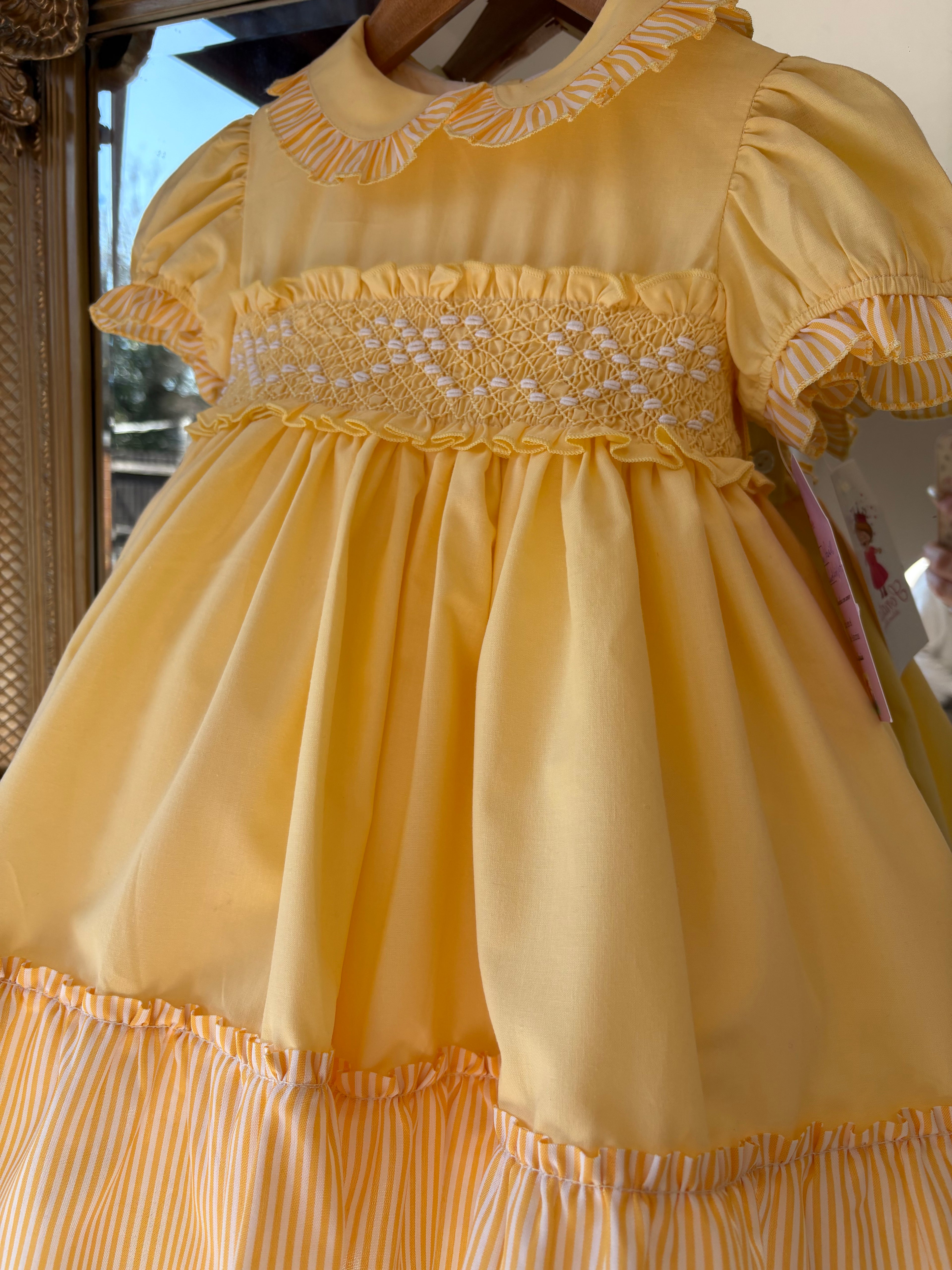 Yellow bow candy stripe smocked dress