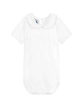 White Cotton Bodysuit With Pink Trim Peter Pan Collar