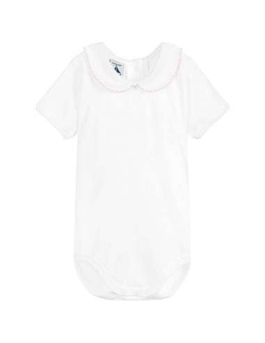 White Cotton Bodysuit With Pink Trim Peter Pan Collar