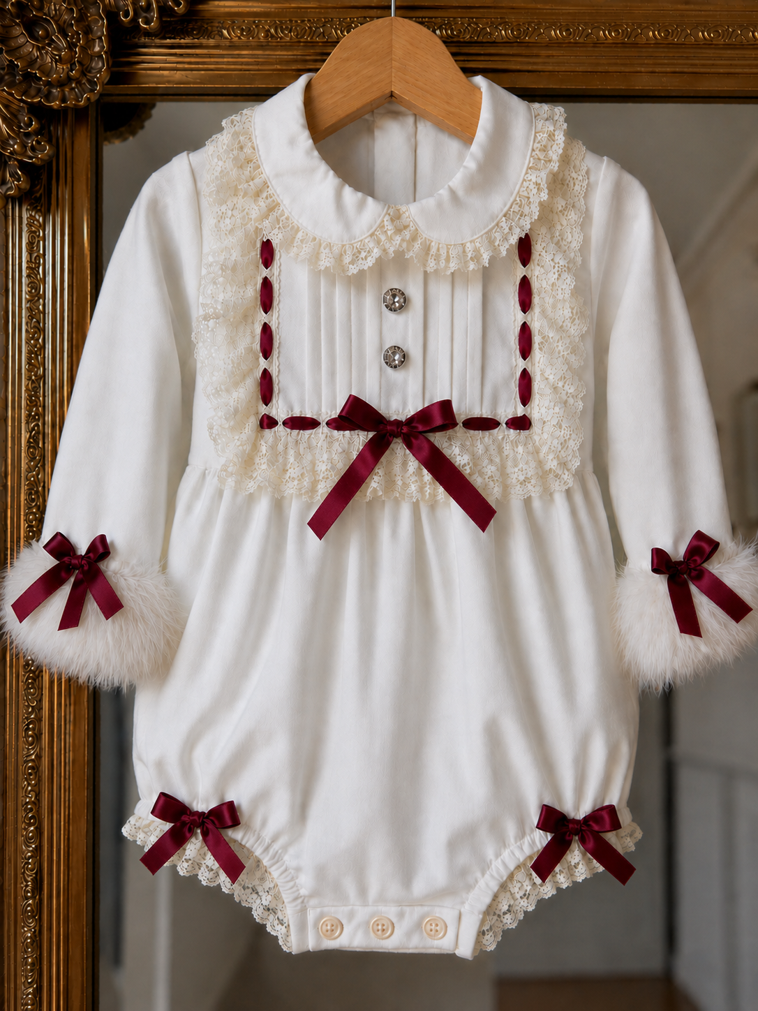 RB winter wonderland romper burgundy