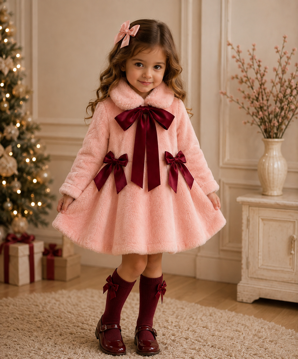 Sonata cream fur coat pink and burgundy