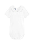 White Cotton Bodysuit With Blue Trim Peter Pan Collar