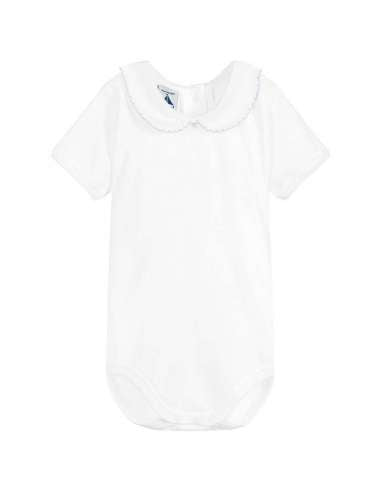 White Cotton Bodysuit With Blue Trim Peter Pan Collar