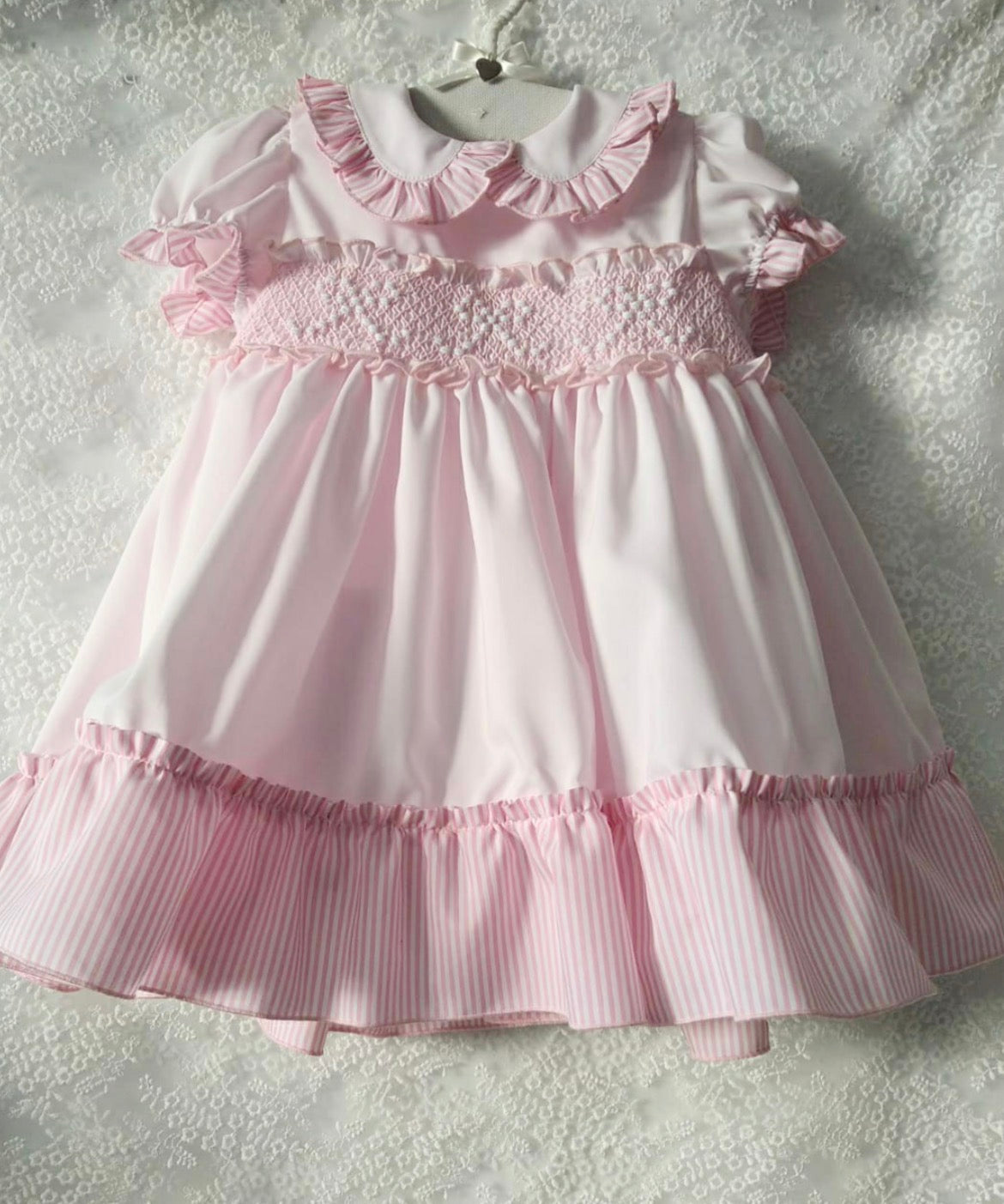 Pink bow candy stripe smocked dress
