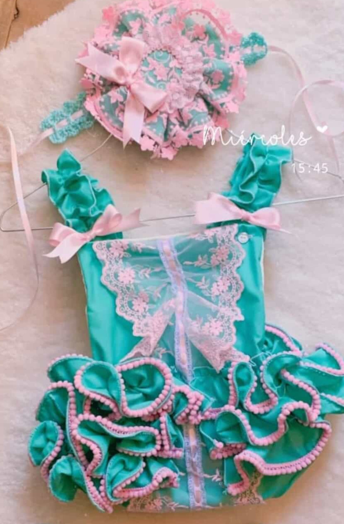 Ela ruffle romper mint and pink