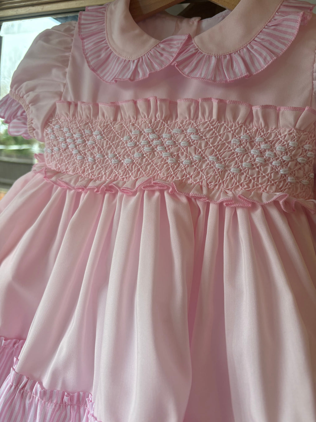 Pink bow candy stripe smocked dress