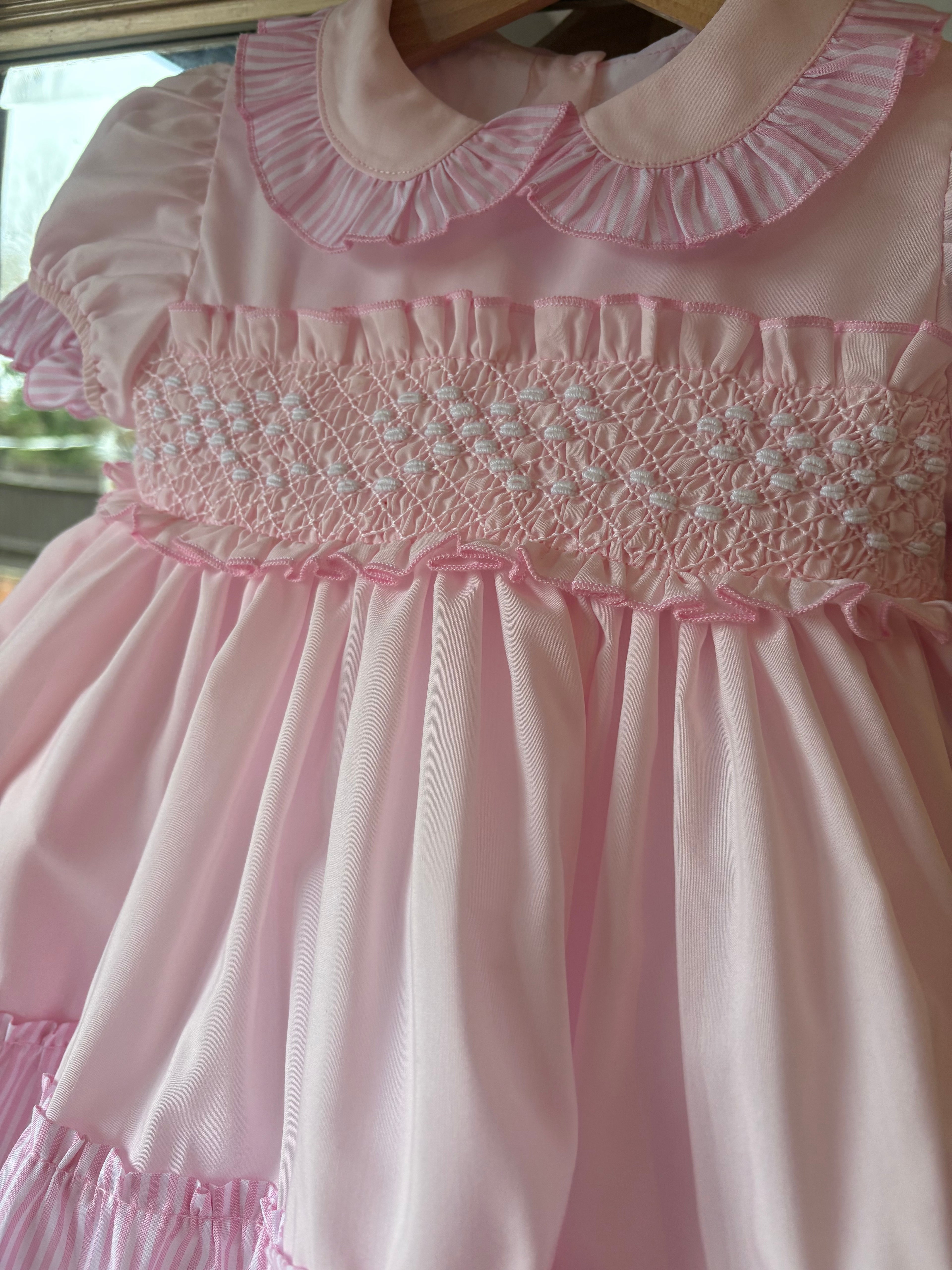 Pink bow candy stripe smocked dress