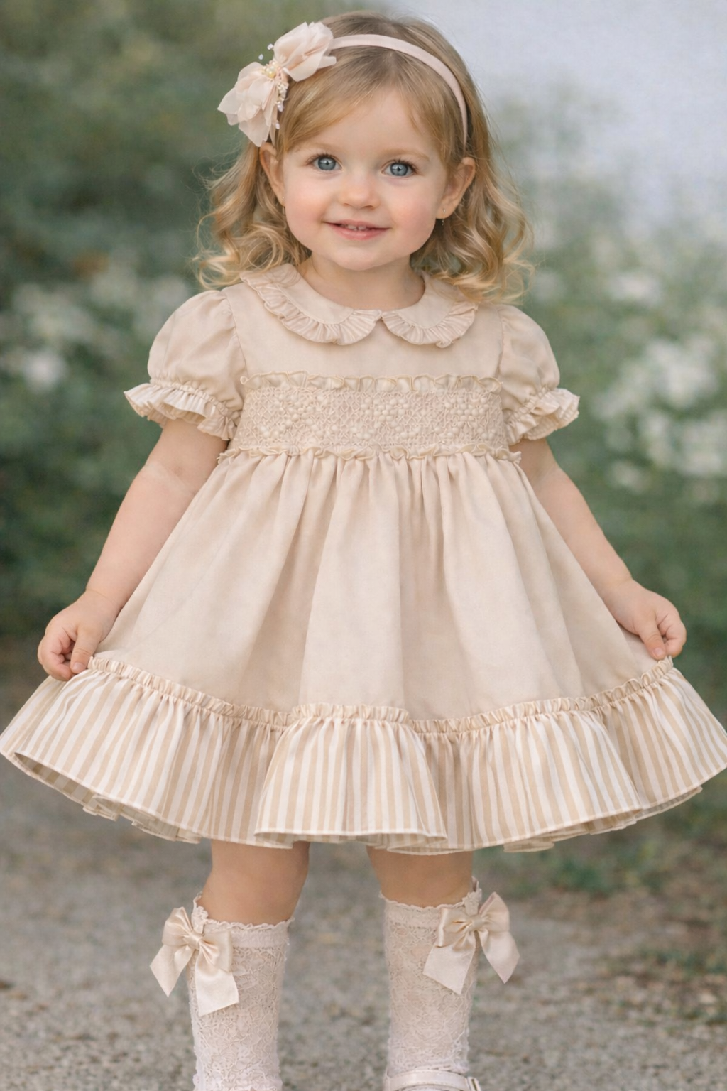 Camel bow candy stripe smocked dress