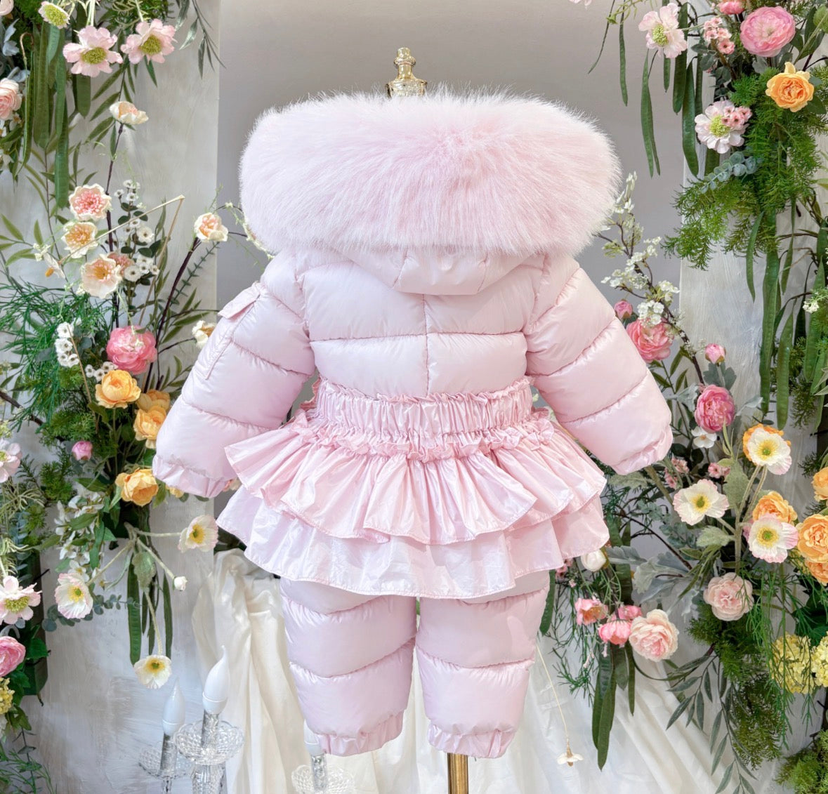 Faux fur snow suit with skirt