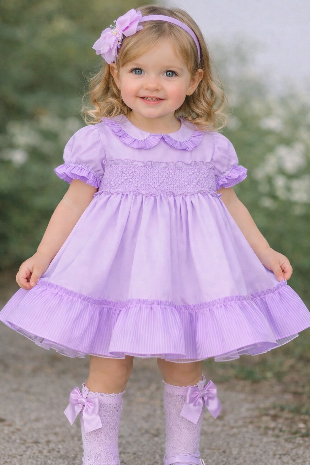 Blue bow candy stripe smocked dress