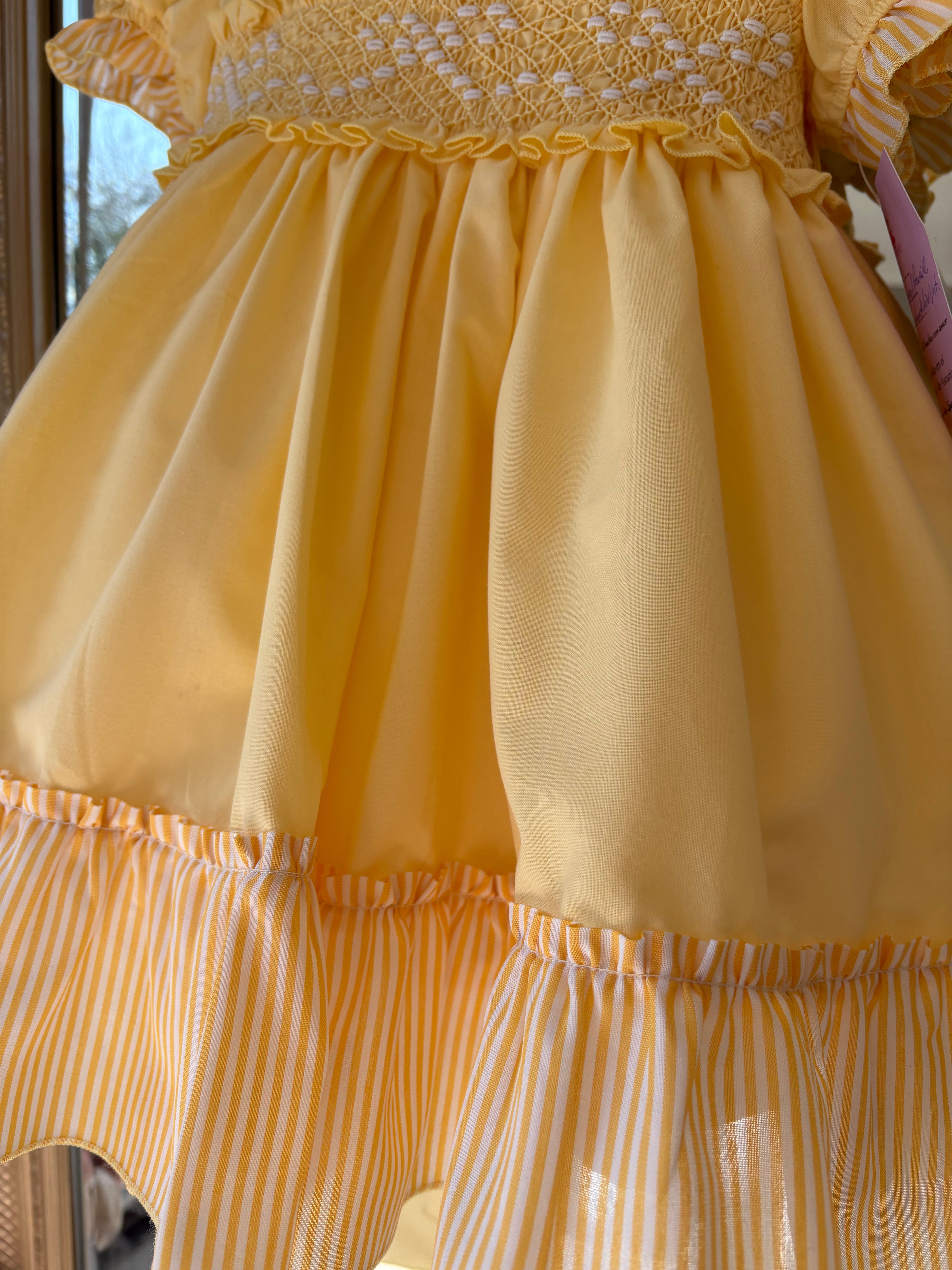 Yellow bow candy stripe smocked dress