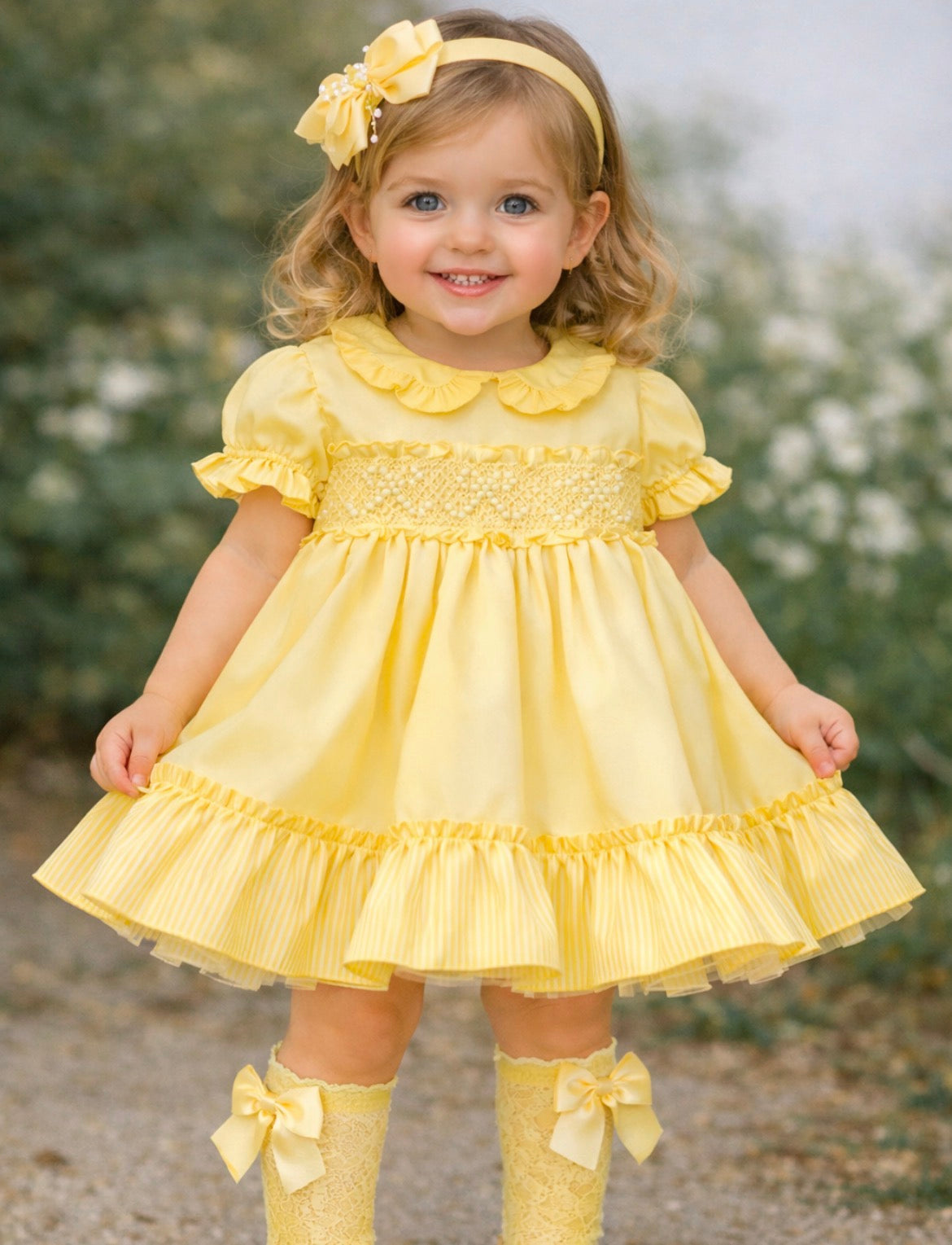 Yellow bow candy stripe smocked dress