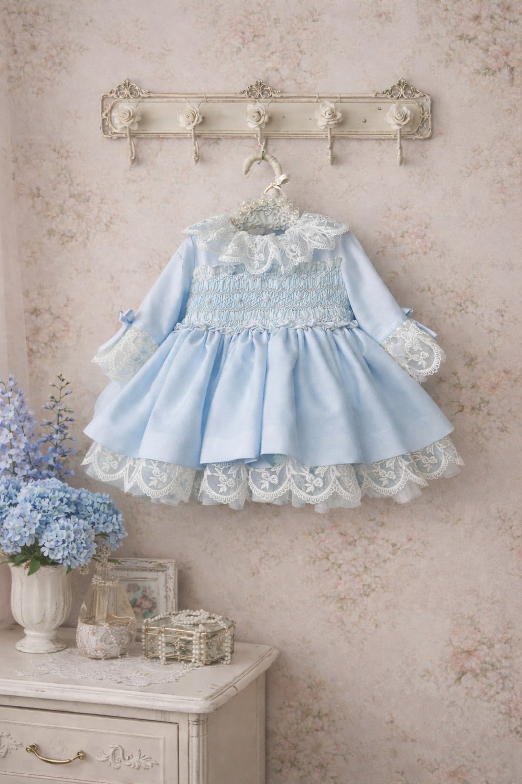 Sonata smocked bow lace dress baby blue