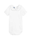 White Cotton Bodysuit With Grey Trim Peter Pan Collar