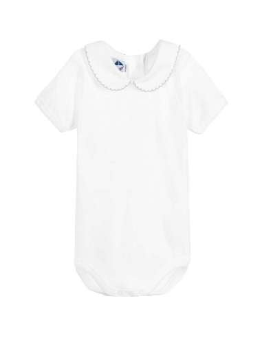 White Cotton Bodysuit With Grey Trim Peter Pan Collar