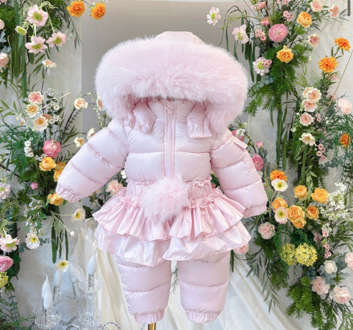 Faux fur snow suit with skirt