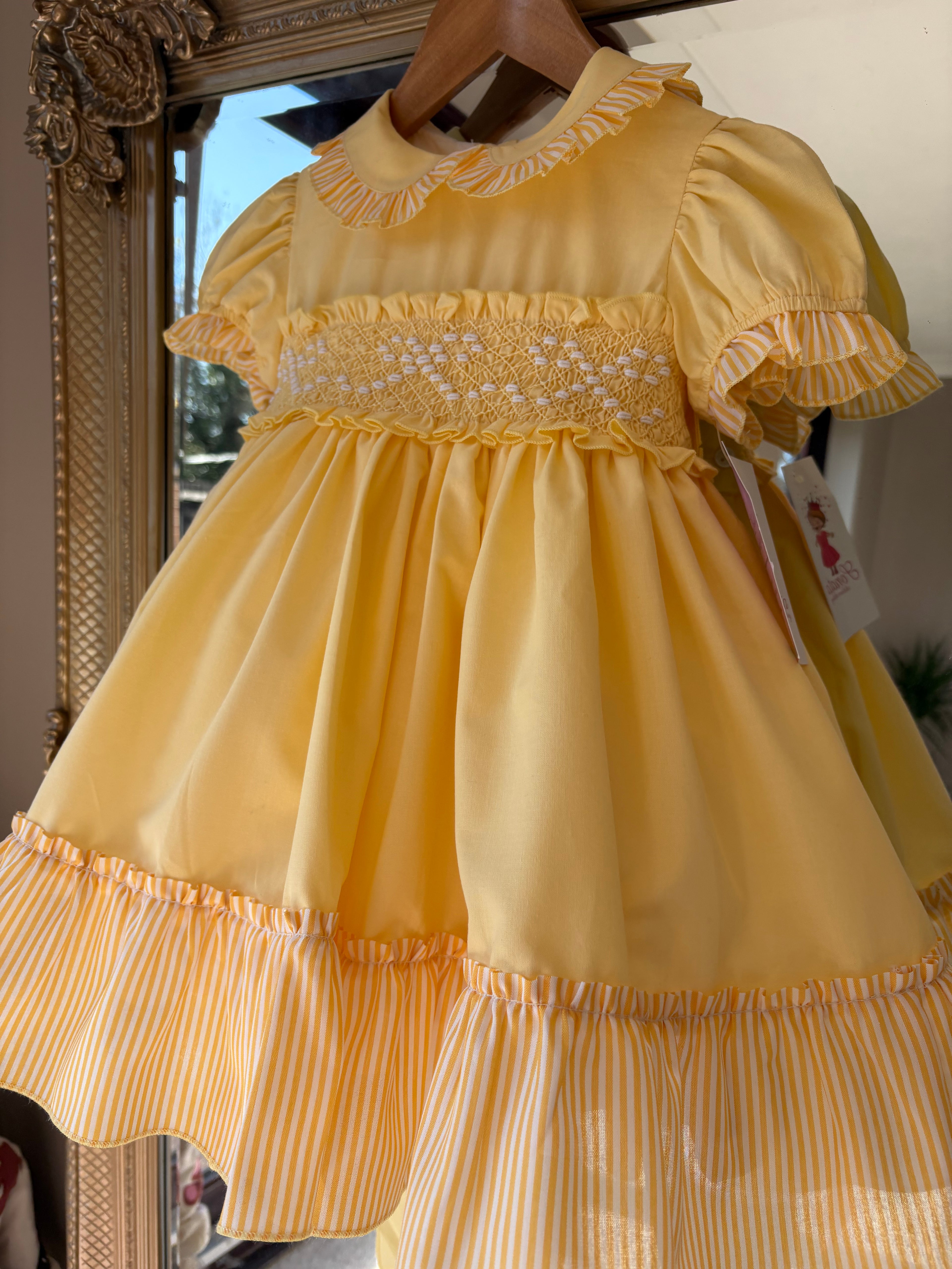 Yellow bow candy stripe smocked dress