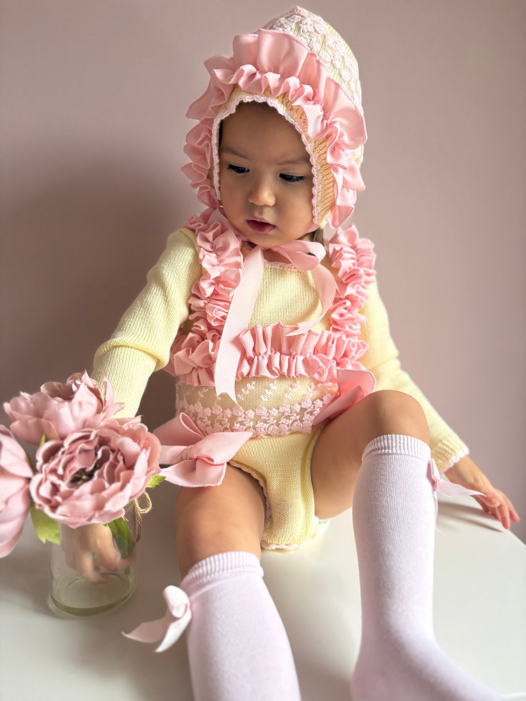 Baby knitted Ela yellow and pink set