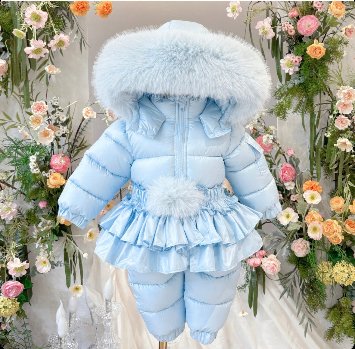 Faux fur snow suit with skirt