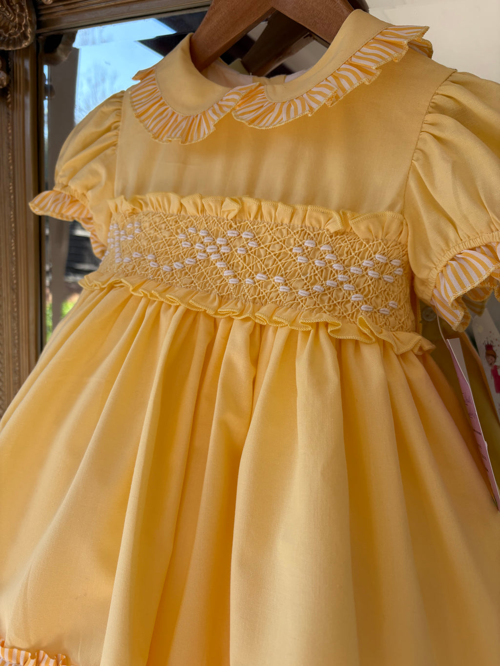 Yellow bow candy stripe smocked dress