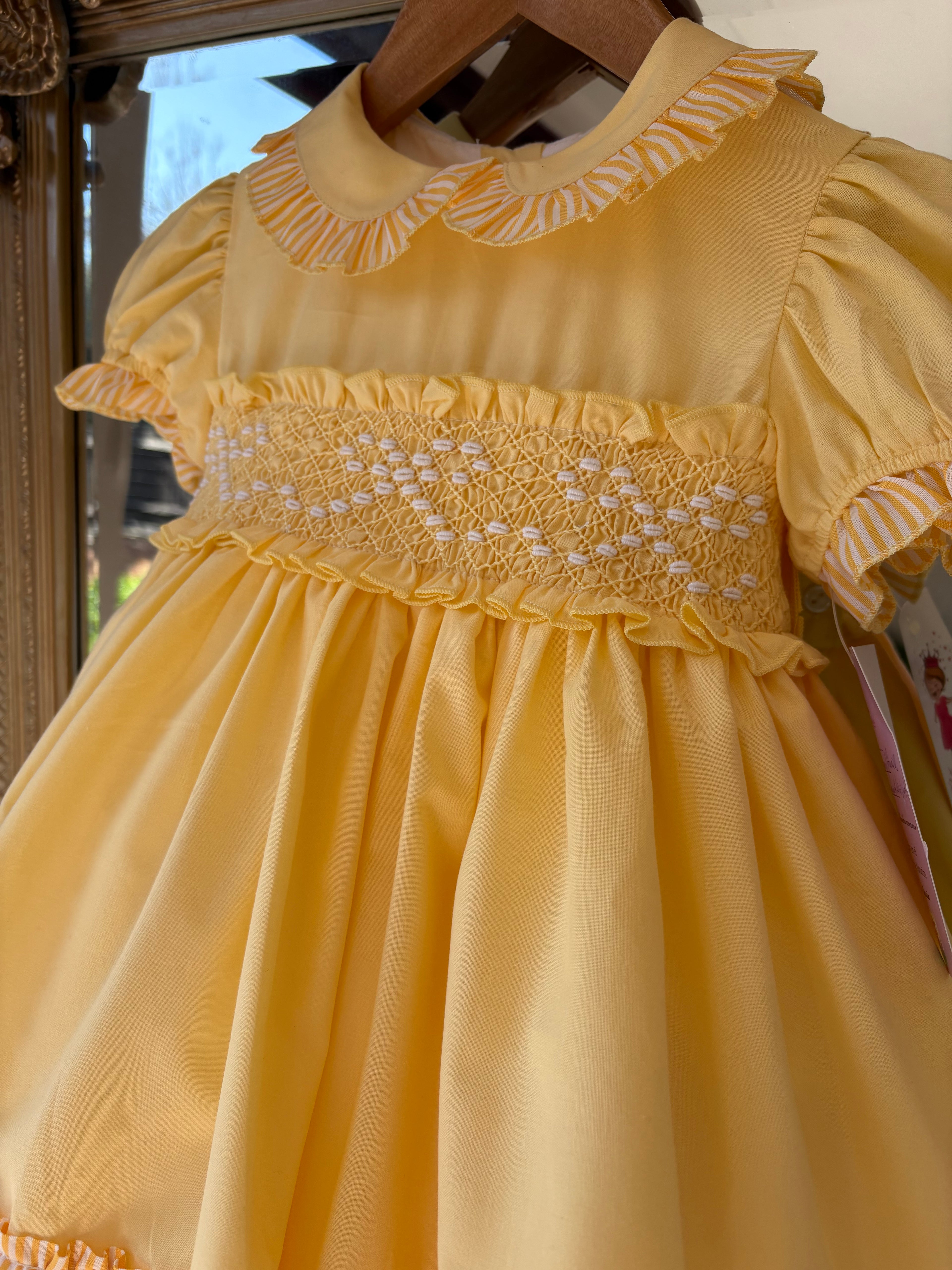 Yellow bow candy stripe smocked dress