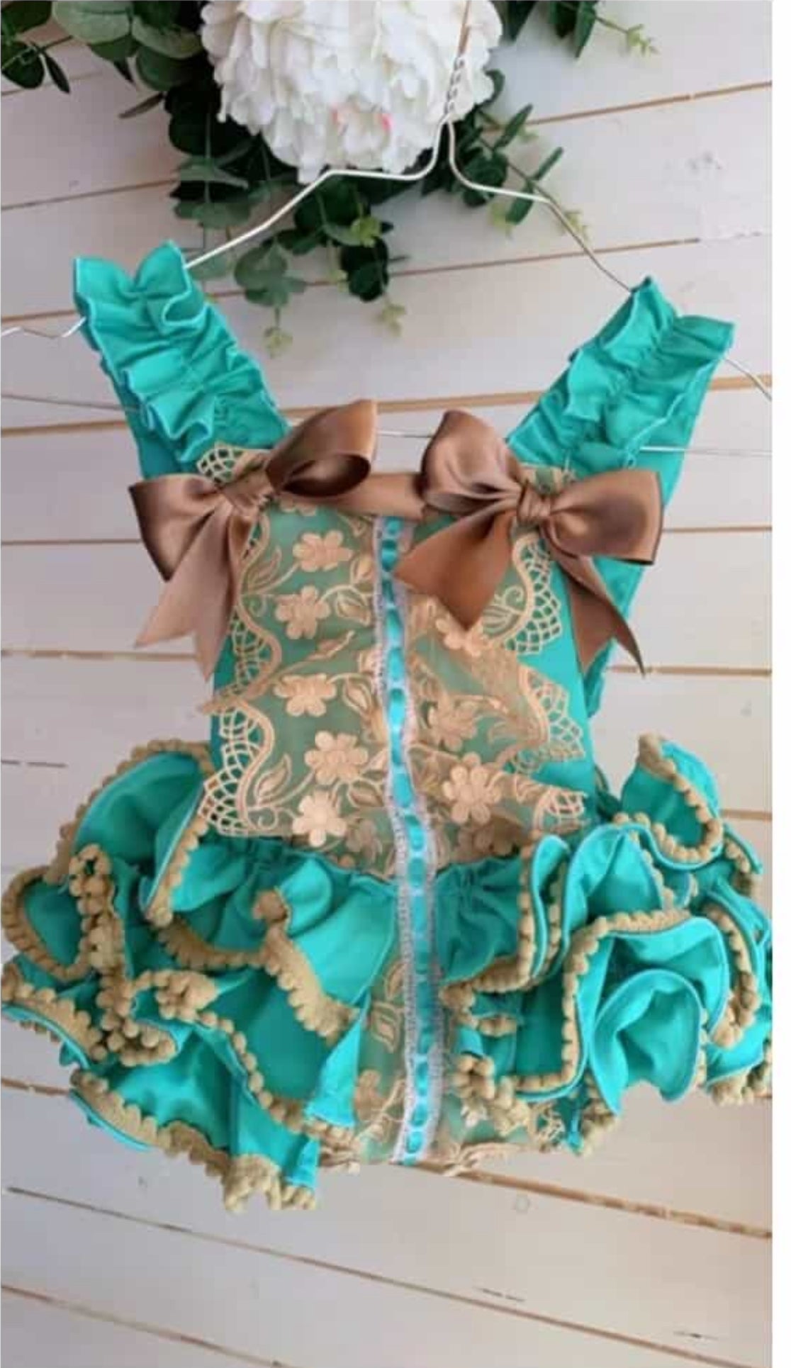 Ela ruffle romper teal and brown